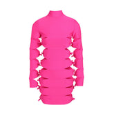 Robe courte à bandes, col montant, manches longues, détail nœud audacieux et découpe latérale - Fuchsia